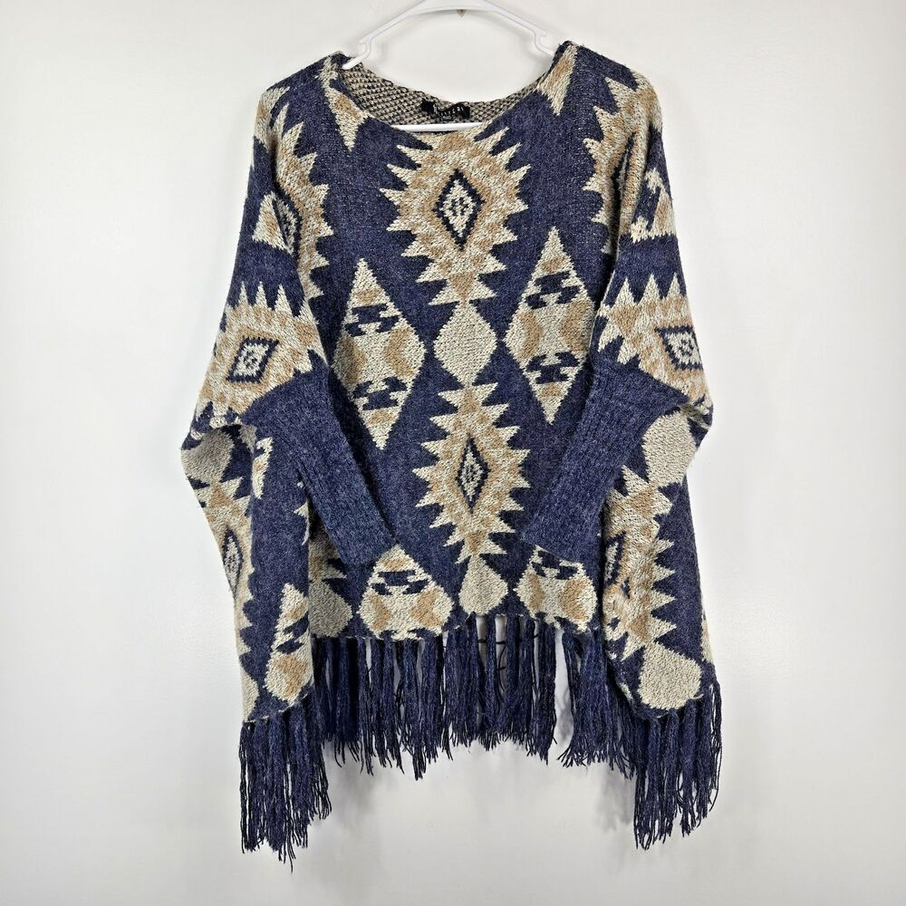 II Sisters Women's Size S/M Blue Brown Aztec Pattern‎ Poncho Sweater with Fringe